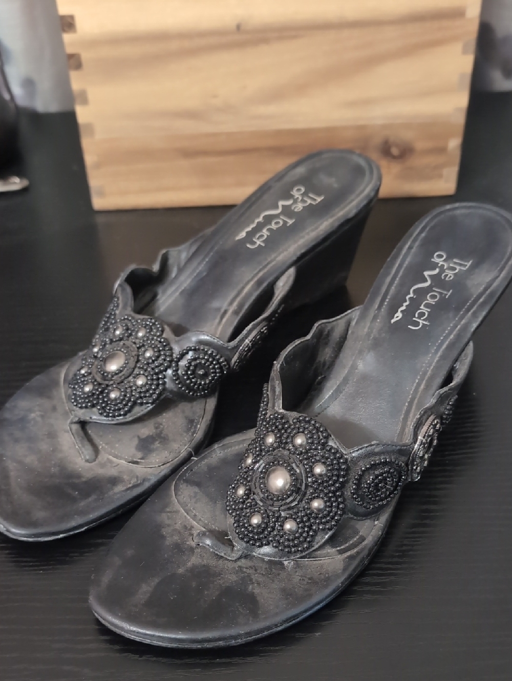Banded Black Beaded Wedge Mules